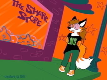 abstract_background anthro biped black_body black_clothing black_fur black_nose black_shirt black_topwear bottomwear brown_hair cheek_tuft clothing dipstick_tail eyewear facial_tuft female footwear fur glasses green_bottomwear green_clothing green_pants hair hands_behind_back markings mascot open_mouth orange_clothing orange_footwear orange_shoes pants plushie red_body red_fur shirt shoes simple_eyes solo star street_lamp t-shirt tail tail_markings tail_tuft text text_on_clothing text_on_shirt text_on_topwear topwear tuft white_body white_fur window creature_sp ikea linux blahaj xenia_(linux) aquatic canid canine fish fox mammal red_fox shark true_fox 2023 artist_name dated english_text hi_res trans_(lore) trans_woman_(lore)