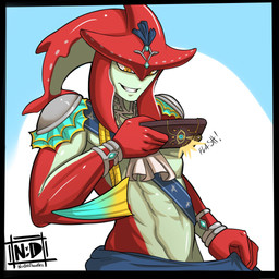 anthro clothed clothing clothing_pull countershading dick_pic grey_body grey_countershading grin male muscular muscular_humanoid muscular_male red_body selfie sheikah_slate smile solo tablet_computer topless nudiedoodles breath_of_the_wild nintendo the_legend_of_zelda prince_sidon aquatic fish humanoid zora 1:1 2020 half-length_portrait hi_res portrait