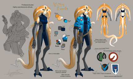 3_eyes 3_toes bodysuit bra clothing countershading cybernetic_arm cybernetic_limb digitigrade eyewear eyewear_on_head feet female gesture goggles goggles_on_head head_tentacle jacket markings multi_eye not_furry orange_body panties salute skinsuit solo tail text tight_clothing toes topwear underwear white_body white_countershading white_markings lumen_fox ben_10 cartoon_network fan_character veltra alien humanoid uxorite absurd_res english_text hi_res model_sheet signature