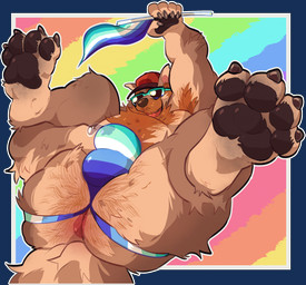 anthro anus armpit_hair bodily_fluids body_hair bulge butt butt_hair chest_hair clothed clothing cum cum_in_clothing cum_in_underwear cum_through_clothing cum_through_underwear eyewear facial_hair flag flag_(object) genital_fluids hat headgear headwear holding_flag holding_object jockstrap lgbt_pride lying male male_anthro mustache on_back overweight overweight_anthro overweight_male presenting presenting_hindquarters pride_colors smile solo sunglasses tail tongue topless topless_anthro topless_male underwear vincian_pride_colors wearing_sunglasses wet wet_clothing wet_underwear likanen canid canine canis mammal wolf 2024 alpha_channel hi_res