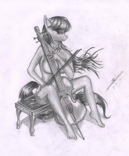anthro anthrofied biped bow_(feature) bow_(stringed_instrument) bow_tie bowed_string_instrument breasts cello cutie_mark female looking_at_viewer musical_instrument nude playing_music sitting solo string_instrument tacticalfur friendship_is_magic hasbro my_little_pony octavia_(mlp) earth_pony equid equine horse mammal pony 2012 greyscale hi_res monochrome traditional_media_(artwork)