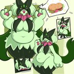 anthro belly big_belly big_breasts big_butt big_female breast_curtains breasts burger butt female food fur green_body green_fur hair hungry larger_female looking_at_viewer naughty_face nude overweight overweight_anthro overweight_female sandwich_(food) simple_background size_difference smile solo thick_thighs wide_hips bloodcrayons nintendo pokemon tsukihime type-moon neco-arc felid feline generation_9_pokemon mammal meowscarada pokemon_(species) hi_res