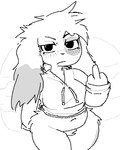 annoyed anthro black_eyes bottomless bottomless_anthro bottomless_female clothed clothing crotch_tuft ear_markings eye_markings eyelashes female floppy_ears fur gesture hand_gesture hip_tuft jacket_only long_ears looking_at_viewer lop_ears markings middle_finger navel simple_background solo spots spotted_body spotted_fur spotted_markings thick_thighs topwear topwear_only triangle_nose tuft white_background commonbleat cave_story fan_character lagomorph mammal mimiga 2024 monochrome