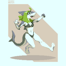 action_pose anthro barefoot bikini blush clothing fangs feet female fin green_hair grey_body grey_skin hair head_fin long_hair looking_at_viewer mostly_nude multicolored_body notched_fin open_mouth pose pupils shark_tail solo swimwear teeth two-piece_swimsuit two_tone_body white_body white_skin pavanz roji_(cat_pepper) aquatic fish shark 1:1 digital_media_(artwork) pixel_(artwork)