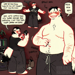 anthro barefoot biped black_clothing black_hair black_shirt black_t-shirt black_topwear blush blush_lines body_hair bookshelf bottomwear cassette_tape chest_hair cigarette cigarette_in_mouth cigarette_smoke clothed clothed_anthro clothed_male clothing dildo ear_tunnel feet figurine furniture hair happy_trail holding_object male mastectomy_scar motion_lines multiple_poses navel object_in_mouth onomatopoeia overweight overweight_male pants paper_bag pawpads pose scar scratching_belly self-harm_scars sex_toy shirt smoke solo sound_effects speech_bubble stubble sweatpants t-shirt tail text topless topless_anthro topless_male topwear white_body salamanding creepypasta the_living_tombstone_(music) smile.dog canid canine canis domestic_dog mammal 1:1 2025 artist_name digital_drawing_(artwork) digital_media_(artwork) english_description english_text hi_res watermark trans_(lore) trans_man_(lore)