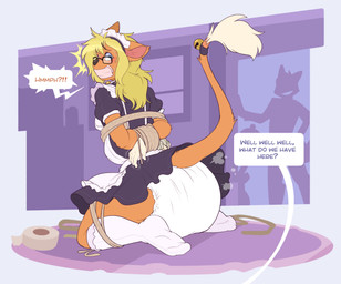 accessory ambiguous_gender anthro arms_tied bandage bdsm bell blonde_hair blue_eyes bondage bottomwear bound caught_in_the_act clothed clothing dialogue diaper diaper_under_clothing diaper_under_skirt fur furgonomics gag gagged hair maid_uniform orange_body orange_fur rope self-bondage shocked skirt soiled_diaper solo stranger tail tail_accessory tail_bell tan_rope tape tape_gag text unclean_diaper uniform used_diaper wearing_diaper bubblepuppers marcus_(thatlioxymaid) canid canine felid fox hybrid lion mammal pantherine absurd_res english_text hi_res