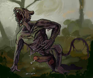 anthro balls bodily_fluids decomposition erection eyes_closed foreskin genital_fluids genitals humanoid_genitalia humanoid_penis leaking_precum male nightmare_fuel nude open_mouth penis precum precum_string solo tail teeth rote_haare felid mammal pantherine tiger undead zombie digital_media_(artwork) hi_res