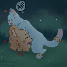 ambiguous_gender animal_genitalia animal_penis arms_on_head blush blush_lines bodily_fluids bold_text brown_body brown_fur cum cum_in_mouth cum_inside dominant dominant_feral dominant_male dripping duo ejaculation erection feet feline_genitalia feline_penis feral feral_on_feral flower fluffy fluffy_tail forced forced_oral fur genital_fluids genitals head_only joyful male male/ambiguous on_bottom on_top oral oral_only oral_penetration penetration penile penile_spines penis plant precum precum_drip precum_squirt presenting presenting_penis questionable_consent raised_tail sex simple_background size_difference smile speech_bubble tail white_body white_fur juliofoolio1 fabulous_beasts mythology chugou_(fabulous_beasts) shanque_(fabulous_beasts) canid canine canis domestic_cat domestic_dog felid feline felis mammal mythological_creature straw_dog 1:1 hi_res nonbinary_(lore)