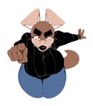 anthro big_breasts bottomwear breasts button_ears clothing crossgender denim denim_bottomwear denim_clothing female floppy_ears gesture hand_gesture huge_breasts jeans looking_at_viewer pants pointing pointing_at_viewer solo sweater topwear komdog kom_(komdog) canid canine canis domestic_dog mammal 2023