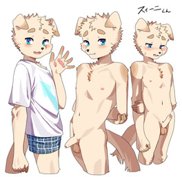 adolescent anthro balls black_nose blue_eyes blush bodily_fluids boxers_(clothing) clothed clothing erection folded_ears foreskin fur genitals gesture humanoid_genitalia kemono male multicolored_body multicolored_fur nipples nude nude_anthro nude_male pawpads penis shirt solo sweat sweatdrop t-shirt tan_body tan_fur text topwear two_tone_body two_tone_fur underwear waving waving_at_viewer young young_anthro young_male beegoma canid canine canis domestic_dog mammal 2025 hi_res japanese_text