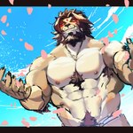 abs anthro biceps body_hair brown_body brown_fur brown_hair cherry_blossom chest_hair claws clothed clothing eyes_closed flower fur hair happy_trail male mane muscular muscular_anthro muscular_male nipples pecs petals plant prunus_(flower) solo topless tusks ituduki_aaa lifewonders tokyo_afterschool_summoners barong_(tas) felid lion mammal pantherine 1:1 hi_res