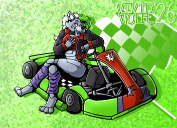 anthro claws clothing collar crossed_legs ear_piercing facial_markings facial_tuft feet female finger_claws flag green_background green_hair grey_body grey_hair hair hand_on_chest head_markings jacket joints kart leg_warmers legwear lipstick machine makeup markings pawpads piercing purple_eyelids purple_lipstick purple_pawpads simple_background sitting solo spiked_collar spikes spoiler_(car) steering_wheel stripes teeth tire toe_claws topwear tuft vehicle wheel yellow_eyes vividwolfe five_nights_at_freddy's five_nights_at_freddy's:_security_breach scottgames steel_wool_studios roxanne_wolf animatronic canid canine canis mammal robot wolf 2026 digital_drawing_(artwork) digital_media_(artwork) hi_res
