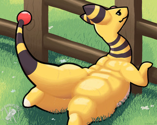 ambiguous_gender big_butt black_body black_sclera bodily_fluids butt fence fencepost feral flower grass leaning_on_object long_neck looking_at_viewer lying markings on_front overweight overweight_ambiguous pixelated plant raised_leg raised_tail smile smiling_at_viewer solo striped_ears striped_markings striped_tail stripes sweat sweatdrop tail tail_markings white_body yellow_body ottdotcom nintendo pokemon ampharos generation_2_pokemon pokemon_(species) 5:4 digital_drawing_(artwork) digital_media_(artwork) hi_res watermark