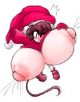 anthro areola big_breasts biped bouncing_breasts breasts breasts_bigger_than_head brown_hair christmas_clothing christmas_headwear clothing erect_nipples eyelashes female female_anthro hair happy hat headgear headwear holidays huge_breasts hyper hyper_breasts jumping mouse_ears mouse_tail nipples plantigrade red_eyes ripping ripping_clothing santa_hat short_hair short_stack solo torn_clothing rogywantscoffee sexyvampireloverrogy christmas holly_(rogywantscoffee) mammal mouse murid murine rat rodent male_(lore)