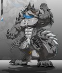 abs anthro arm_spikes biceps big_arms big_biceps biped blue_eyes body_hair chest_hair claws clothing collar ear_piercing ear_ring fangs featureless_crotch gold_(metal) gold_jewelry grey_body grey_hair grey_scales grey_skin hair jewelry legwear male markings muscular muscular_anthro muscular_arms muscular_male muscular_thighs nipples open_mouth palette pecs piercing plated_scales pubes ring_piercing scale_markings scales serratus sharp_teeth shoulder_spikes solo spiked_arms spiked_body spiked_tail spikes spikes_(anatomy) tail tail_tuft teeth tuft vein valentinesartx alligator alligatorid canid canine canis crocodile crocodilian hybrid mammal monster reptile scalie werecreature wolf hi_res