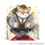 1:1 2022 anthro black_nose bottomwear canid canine canis clothing cute_fangs domestic_dog kemono kinoshita-jiroh male mammal necktie nomi_no_sukune overweight overweight_male pants sengoku_puzzle shirt solo suit topwear