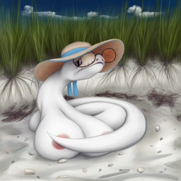beach big_breasts breasts busty_feral clothing covering covering_breasts eyewear female feral hat headgear headwear nipples outside pupils sand slit_pupils solo sun_hat sunglasses white_body 4yd0_yctahobka reptile scalie snake 1:1 2026 absurd_res hi_res