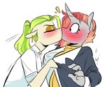 anthro blush blushing_profusely clothing clothing_pull duo ear_piercing eyes_closed female female/female hair horn kiss_on_lips kissing piercing ponytail surprise surprise_kiss redxbacon hasbro my_little_pony mythology fan_character golden_keylime_(oc) scribble_snug_(oc) earth_pony equid equine horse mammal mythological_creature mythological_equine pony unicorn