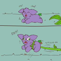 ambiguous_feral ambiguous_gender animal_noises bound chirping dialogue feces feral fur grass green_eyes green_tail monotone_body monotone_fur neonate open_mouth plant pooping purple_body purple_fur quadruped side_view simple_background smile solo surprised tail text vines walking young young_ambiguous young_feral edgysketties fluffy_pony fluffy_pony_(species) mammal 1:1 2024 digital_media_(artwork) english_description english_text hi_res