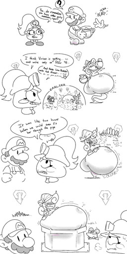 belly belly_expansion big_belly bloated blush burping clothing dialogue drinking expansion feederism female food gameplay_mechanics gloves group handwear hat headgear headwear hiccuping honey_(food) huge_belly looking_at_another male nervous open_mouth overweight overweight_female overweight_humanoid pipe speech_bubble split_form stuck stuffing talking_to_another text tongue tongue_out trio weight_gain blahblah866 mario_bros nintendo paper_mario paper_mario:_the_thousand_year_door goombella mario ms._mowz vivian_(mario) goomba human humanoid mammal mouse murid murine rodent shadow_siren spirit 2023 absurd_res black_and_white digital_media_(artwork) dithering english_text hi_res monochrome