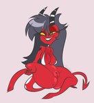 big_breasts black_hair breasts clothed clothing female genitals hair horn open_mouth open_smile partially_clothed pussy red_body simple_background smile solo teeth thick_thighs yellow_eyes pixelz helluva_boss millie_(helluva_boss) demon demon_humanoid humanoid imp hi_res