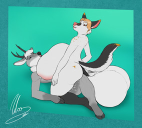 3_fingers 5_fingers anal anal_penetration anthro anthro_on_anthro anthro_penetrated anthro_penetrating anthro_penetrating_anthro antlers balls big_balls black_nose black_penis bodily_fluids butt cum cum_ballooning cum_inflation cum_inside dipstick_ears duo ear_markings eyebrows fingers freckled_butt freckled_face freckled_legs freckled_shoulders freckled_tail freckled_thighs freckles fur genital_fluids genitals gloves_(marking) green_background green_eyes grey_antlers grey_body grey_fur grey_hooves hair hooves horn huge_balls hyper hyper_balls hyper_genitalia inflation inner_ear_fluff leg_markings male male/male male_penetrated male_penetrating male_penetrating_male markings multicolored_ears neck_tuft open_mouth penetration penile penile_penetration penis penis_in_ass pink_nose pink_tongue precum_inflation predator/prey sex simple_background socks_(marking) tail tan_eyebrows tan_eyes tan_hair tongue tuft white_body white_eyebrows white_fur white_inner_ear_fluff leloo reed_(sudsypup) canid canine canis deer mammal wolf hi_res
