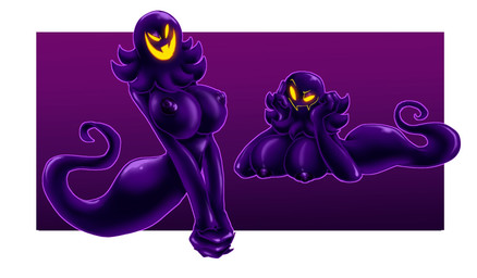 big_breasts breasts crossgender female huge_breasts neck_tuft purple_body seductive smug solo tuft yellow_eyes aspenofsimpcon a_hat_in_time snatcher_(ahit) ghost spirit hi_res
