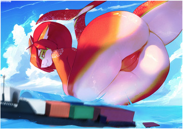 anthro anus big_butt butt female genitals glistening glistening_butt glistening_genitalia glistening_hair hair long_tail looking_back macro markings multicolored_body nature nude nude_anthro nude_female presenting presenting_hindquarters red_body red_hair sea shark_teeth ship short_hair solo tail two_tone_body vehicle vulva water watercraft white_body yellow_eyes ennmedoo aquatic fish shark hi_res
