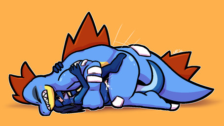 4_fingers anthro anthro_on_anthro anthro_penetrated anthro_penetrating anthro_penetrating_anthro arm_grab blue_body blue_scales bodily_fluids butt claws clenched_teeth cum cum_from_ass cum_in_ass cum_inside cum_on_butt cum_on_leg cum_on_penis cum_splatter duo erection eye_roll eyewear eyewear_only fingers fist frown genital_fluids genitals glasses glasses_only grey_eyewear grey_glasses grin hair hand_on_back hug larger_anthro larger_male male male/male male_penetrated male_penetrating male_penetrating_male motion_lines muscular muscular_anthro muscular_male nude orgasm penetration penis pink_penis pink_sclera red_body red_hair red_scales scales sex sharp_teeth simple_background size_difference smaller_anthro smaller_male smile teeth thrusting toe_claws wearing_glasses white_claws yellow_background yellow_body yellow_scales ultilix nintendo pokemon ulti_(ultilix) feraligatr generation_2_pokemon lizard pokemon_(species) reptile scalie 2025