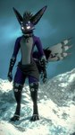 alternative_fashion anthro arm_warmers armwear black_body black_clothing black_fur buckle claws clothing collar feathers fluffy fluffy_tail fur glowing glowing_eyes goth grey_body grey_fur horn male mountain no_pupils paws purple_body purple_fur quills_(anatomy) snow solo spiked_armwear spiked_collar spiked_legwear spikes tail tail_feathers unknown_artist parrybow rexouium 3d_(artwork) 4k 9:16 absurd_res blender_(artwork) digital_media_(artwork) hi_res