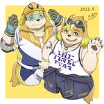 alter_ego anthro armor blonde_hair blue_eyes clothing floppy_ears hair headgear helmet jumpsuit male musclegut muscular pawpads shirt superhero tank_top topwear visor xiaonongbaopao1 lifewonders live_a_hero hisaki_(live_a_hero) canid canine canis domestic_dog mammal 1:1