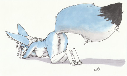 all_fours anthro anus big_ears big_tail blue_body blue_fur bottomless bottomless_anthro bottomless_female breasts butt clothed clothing female female_anthro fur genitals hair looking_at_viewer mature_anthro mature_female nipples nude nude_anthro nude_female pose presenting presenting_anus presenting_hindquarters presenting_vulva simple_background solo tail text topless topless_anthro topless_female vulva white_body white_fur white_hair blokfort kalta_(blokfort) canid canine fennec_fox fox mammal true_fox absurd_res artist_name colored detailed digital_media_(artwork) hi_res shaded signature traditional_media_(artwork)