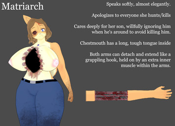 anthro belt blood_on_chest blue_eyes body_horror bottomwear breasts brown_hair chest_mouth clothed clothing empty_eye_socket female front_view fur gore hair missing_ear missing_eye nipples pants short_hair solo tan_body tan_fur text topless wounded pizzataph june_(jinu) canid canine canis domestic_dog mammal shiba_inu spitz 3d_(artwork) colored digital_media_(artwork) english_text model_sheet mother_(lore) parent_(lore)
