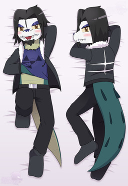 anthro belt black_clothing black_hair black_jacket black_topwear blep blue_clothing blue_shirt blue_topwear body_hair bodypaint bottomwear brown_eyes chest_hair clothed clothing dakimakura eyeshadow face_paint facial_hair fangs footwear forked_tongue fur_trim_(clothing) goatee hair hand_behind_head hand_under_shirt jacket juggalo long_tail looking_at_viewer lying makeup male on_back on_front open_clothing open_jacket open_topwear pants seductive shirt socks solo tail teeth tongue tongue_out topwear weissprowler nero_(nerointruder) alligator alligatorid crocodilian reptile scalie 2025 absurd_res dakimakura_design hi_res