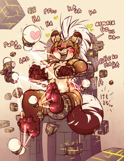 anthro areola barefoot bdsm blush blush_lines bondage bound breasts eyes_closed feet female laugh nipples simple_background solo technology tickle_torture tickling tribal kemotobi smores_(kemotobi) hyena mammal 2020 story story_in_description