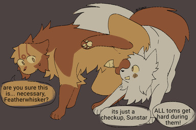 ball_sniffing balls balls_on_face blush blush_lines bodily_fluids dialogue duo facial_markings facial_tuft feral fluffy fluffy_tail fur genital_fluids genitals head_markings head_tuft hiked_leg looking_at_another male male/male markings orange_body orange_fur physical_exam precum raised_leg sniffing speech_bubble stripes sweat tail talking_feral text tuft white_body white_fur artienvy warriors_(book_series) featherwhisker_(warriors) sunstar_(warriors) domestic_cat felid feline felis mammal 3:2 english_text hi_res brother_(lore) brothers_(lore) incest_(lore) sibling_(lore)
