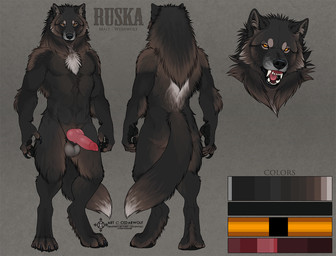 animal_genitalia animal_penis anthro balls black_body black_fur canine_genitalia canine_penis front_view fur genitals grey_body grey_fur knot knotted_penis looking_at_viewer male male_anthro muscular muscular_anthro muscular_male neck_tuft nude nude_anthro nude_male orange_eyes pecs penis penis_tip pink_penis rear_view sheath simple_background snarling solo standing tail text tuft cedarwolf mythology ruska canid canine mammal mythological_canine mythological_creature werecanid werecanine werecreature werewolf 2024 bust_portrait english_text model_sheet portrait