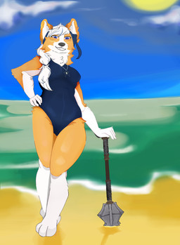 accessory anthro beach blue_clothing breasts clothing female fur hair hand_on_hip headband jewelry mace melee_weapon neck_tuft necklace one-piece_swimsuit ponytail ponytail_over_shoulder pose short smile smiling_at_viewer solo star swimwear tuft weapon white_body white_fur white_hair yellow_body yellow_fur wimblyskrimbly teysa_(golddrake) canid canine canis domestic_dog herding_dog mammal pastoral_dog welsh_corgi absurd_res hi_res