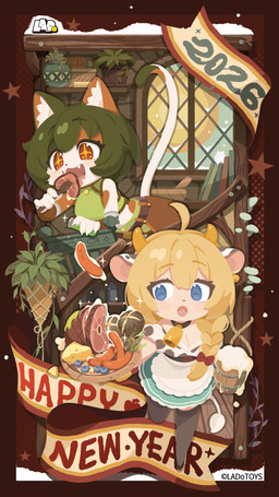 anthro barmaid beef beer_foam beer_mug big_breasts blonde_hair blue_eyes blueberry_(fruit) boned_meat bovid_horn bovine_horn bread breasts cheese chibi cleavage clothed clothing cow_ears cow_horn cowbell_collar dairy_products duo eating eating_meat female food fruit green_hair hair holding_object holding_plate horn meat open_mouth pink_eyes plant plate sausage sparkles sparkling_eyes steak steak_in_mouth tavern vial unknown_artist ladotoys new_year_2026 daisy_taurus tonia_tigris animal_humanoid bovid bovid_humanoid bovine bovine_humanoid calico_cat cattle_humanoid domestic_cat felid feline felis humanoid mammal mammal_humanoid 2026 9:16 absurd_res hi_res
