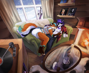 4_toes anthro athletic athletic_anthro athletic_male baby_powder barefoot beverage cabin candy chocolate claws clean_diaper clothed clothing coffee_mug container cuddling cup dessert diaper duo feet fire fireplace flannel_shirt floor food furniture gloves_(marking) head_on_chest holding_container holding_cup holding_mug holding_object hot_chocolate inside leg_markings living_room lying male male/male markings mug on_back on_side on_sofa open_clothing open_shirt open_topwear pantsless pawpads plant record_player rug shelf shirt skiis snow snowing socks_(marking) sofa t-shirt toe_claws toes topwear tree vinyl_record wearing_diaper whiskers window wood wood_floor lexxypawz faron_(faronthefox) obsidian_(faronthefox) canid canine canis fox mammal red_fox true_fox wolf 2026 hi_res signature