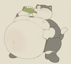 alcohol anthro beer beer_bottle belly belly_inflation beverage big_belly blush bottle chubby_cheeks clothing container dipstick_tail dress_shoes drinking eyes_closed footwear footwear_only glass_bottle huge_belly inflation liquid_inflation male markings moobs mostly_nude navel nipples obese obese_anthro obese_male overweight overweight_anthro overweight_male shoes shoes_only socks solo tail tail_markings cafongterua pau_(cafongterua) domestic_cat felid feline felis mammal tuxedo_cat 2026 digital_drawing_(artwork) digital_media_(artwork)