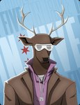 anthro antlers biped chicago_flag clothing eyewear horn jacket jewelry logo male necklace nft popped_collar shutter_shades simple_background solo star sunglasses text topwear unknown_artist milwaukee_bucks nba deer mammal digital_media_(artwork) english_text half-length_portrait hi_res portrait