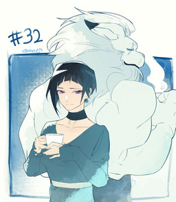 anthro black_hair container cup duo female fur hair male mane muscular muscular_anthro muscular_male scar smile tea_cup white_body white_fur shen7094 bandai_namco digimon digimon_beatbreak maki_kutsuwada digimon_(species) human iceleomon mammal hi_res