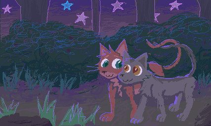 :3 detailed_background duo feral fur grass green_eyes grey_body grey_fur male male/male night orange_body orange_fur path plant romantic romantic_couple shrub sky tree demensa warriors_(book_series) firestar_(warriors) graystripe_(warriors) domestic_cat felid feline felis mammal 2024 digital_media_(artwork) hi_res pixel_(artwork)