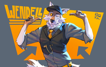 accessory anthro bottomwear clothed clothing ear_piercing ear_ring eyebrows fur gloves handwear headgear headwear male necktie piercing ring_piercing shirt simple_background smile solo standing text topwear tuft vest ooka ruthert4 epic_games fortnite wendell_(fortnite) canid canine canis mammal wolf 2025 english_text