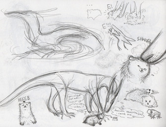 ambiguous_gender blush claws dialogue duo exclamation_point feral fluffy guard_hair heart_symbol in_mouth long_ears long_tail long_toes quadruped scared sharp_teeth short_tail size_difference sniffing surprised swallowing tail teeth teeth_showing text vore jacqal courtney_(jacqal) stygg_(jacqal) amphibian frog mammal marsupial musteloidea 2025 absurd_res english_text graphite_(artwork) hi_res sketch sketch_page traditional_media_(artwork)