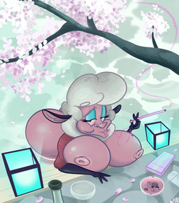4_fingers anthro areola ashtray bent_over big_breasts big_butt breasts butt cherry_blossom cigarette cigarette_box curvy_figure elderly elderly_female erect_nipples eyeshadow female fingers flower holding_object huge_breasts huge_butt lamp lantern lipstick looking_at_viewer makeup markings mature_anthro mature_female mole_(marking) nipples nude outside plant pond prunus_(flower) smoke smoke_from_mouth smoking solo tree voluptuous water wet wide_hips kmorrisoncartoon_(artist) helbaa_(smutbooru) bovid caprine domestic_sheep mammal sheep digital_media_(artwork) hi_res