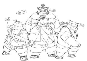 anthro bottomwear clothing footwear group humanoid_hands kemono male overweight overweight_male sandals shirt shoes shorts simple_background text topwear weapon white_background kinoshita-jiroh the_spicy_ninja_scrolls tonza_(the_spicy_ninja_scrolls) mammal suid suine sus_(pig) wild_boar 2015 japanese_text monochrome