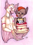 albino anthro birthday black_eyes blue_eyes bone brown_body brown_fur brown_hair cake clothed clothing collar dessert duo female food fur glamfur hair headgear headkerchief headwear heterochromia kerchief male markings membrane_(anatomy) membranous_wings open_mouth pink_eyes red_headkerchief red_kerchief red_markings simple_background skull spiked_collar spikes spots tan_body tan_fur tongue tongue_out wings zeriara bat leaf-nosed_bat mammal microbat yangochiropteran 2007