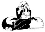 2024 anthro breasts cleavage clothed clothing ear_piercing ear_ring female fur grin hair kelly_o'dor mammal mephitid monochrome piercing pillow ring_piercing skunk smile solo tail tegerio underwear whiskers zandar's_saga